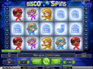 Игровой автомат Disco Spins предлагает без регистрации покрутить барабаны на дискотеке х, где веселые танцоры создают выигрышные комбинации по 20 линиям выплат.А также в слоте есть несколько оригинальных бонусных опций, которые позволяют увеличить шансы на выигрыш.